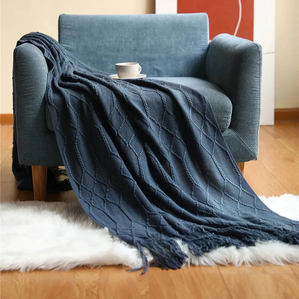 Tasseled textured knit throw blanket