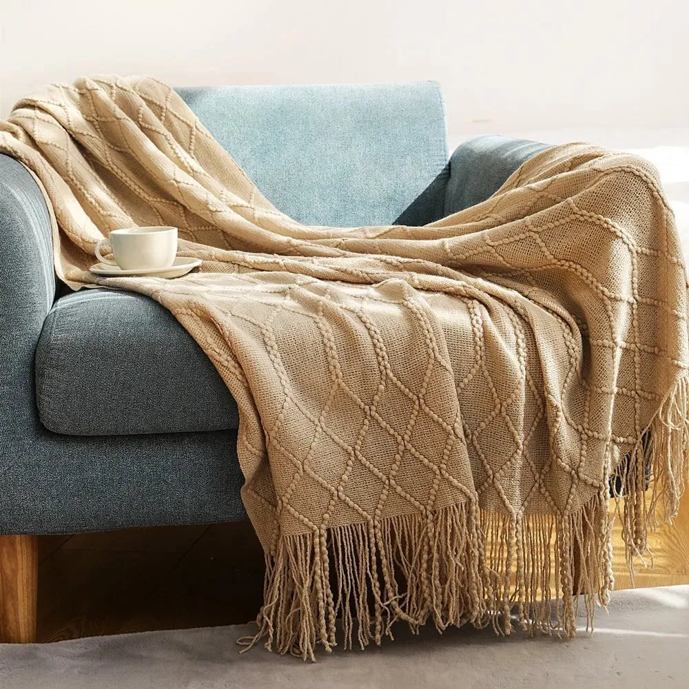 Tasseled textured knit throw blanket