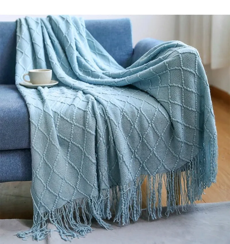 Tasseled textured knit throw blanket