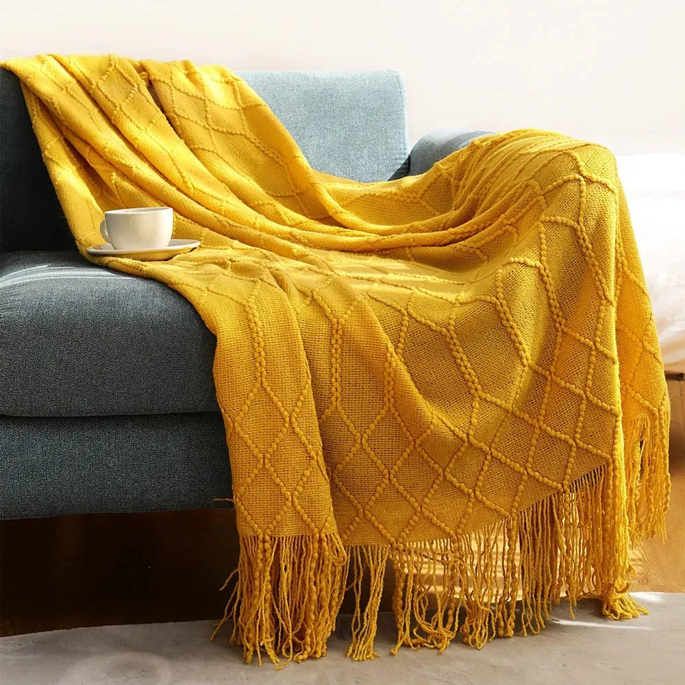 Tasseled textured knit throw blanket