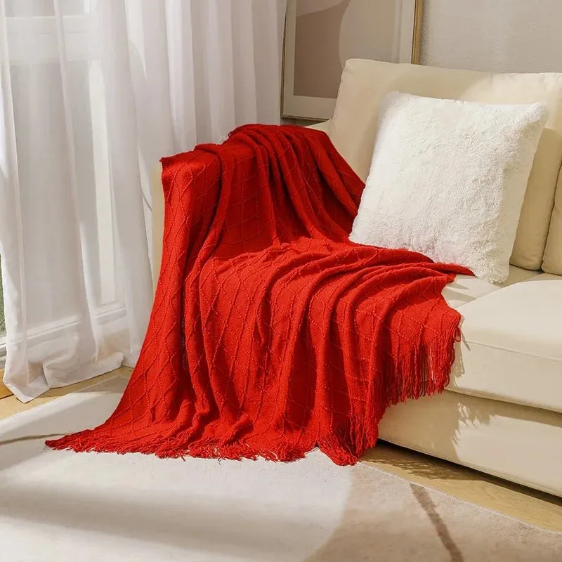 Tasseled textured knit throw blanket