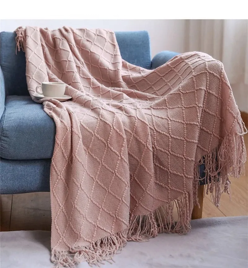 Tasseled textured knit throw blanket