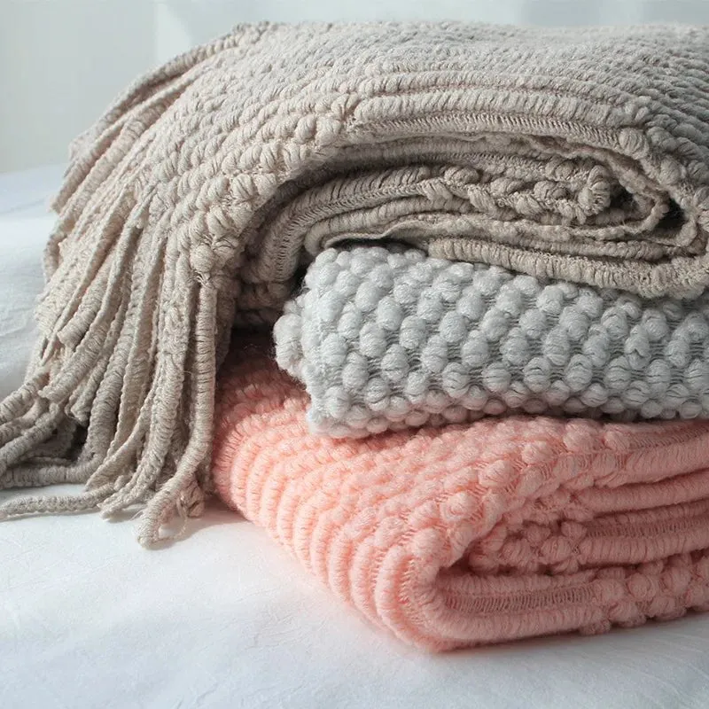 Tasseled textured knit throw blanket