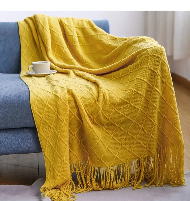 Tasseled textured knit throw blanket