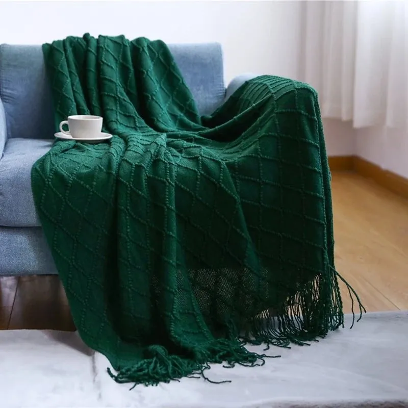 Tasseled textured knit throw blanket