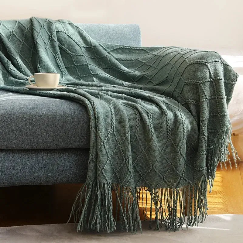 Tasseled textured knit throw blanket