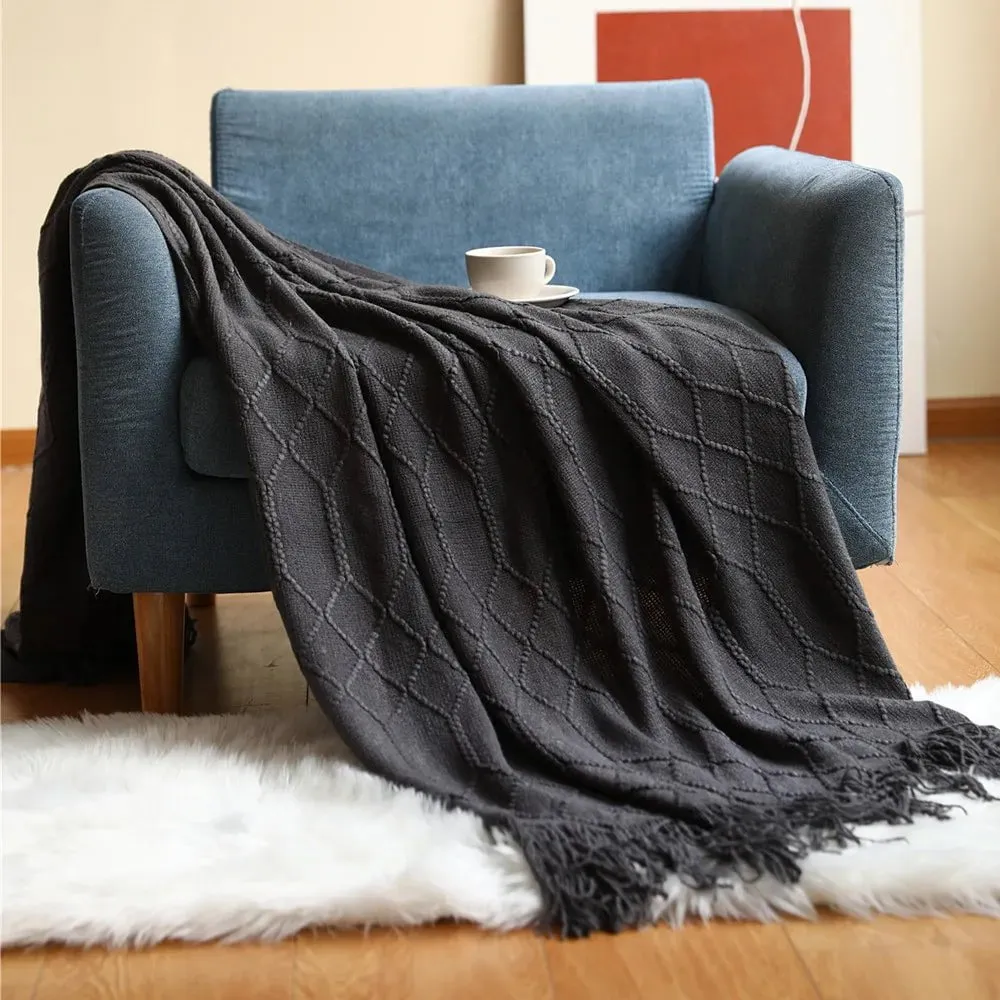 Tasseled textured knit throw blanket