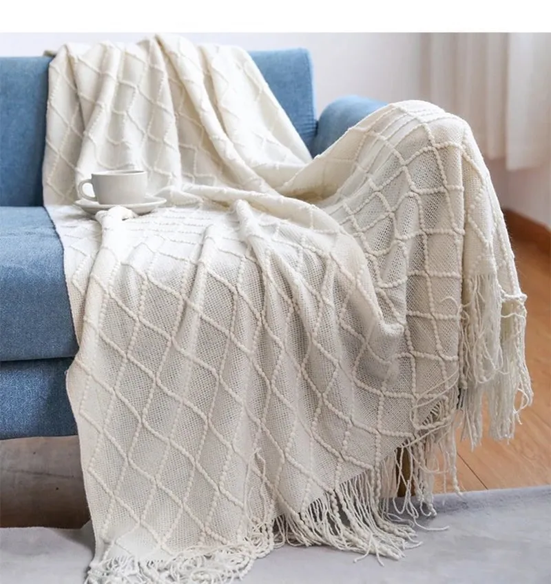 Tasseled textured knit throw blanket