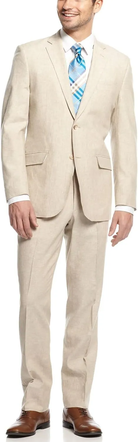 Tasso Elba Natural Solid Linen Suit 40 Regular 40R Flat Front Pants 34W