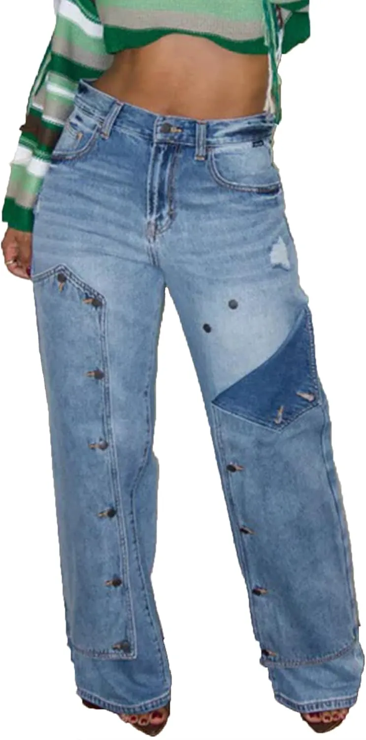 Tbahhir Baggy Cargo Jeans for Women Distressed Irregular High Waisted Wide Leg Boyfriend Y2K Denim Pants with Pockets