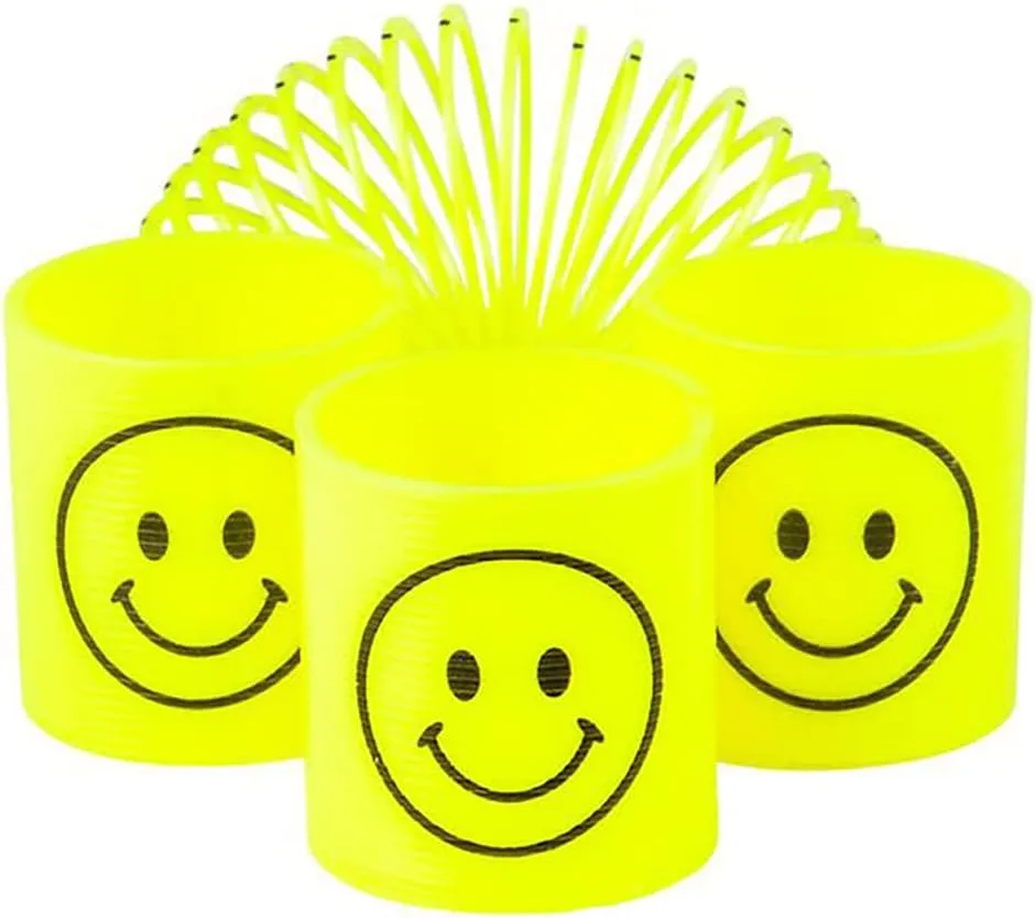 The Dreidel Company Smile Face Coil Spring, Bright Neon Yellow Happy Faces Magic Springy Toy for Kids, Party Favor, Birthday Parties, Carnival Prizes, Goody Bag Filler, 1.4" Inches (35MM) (48-Pack)