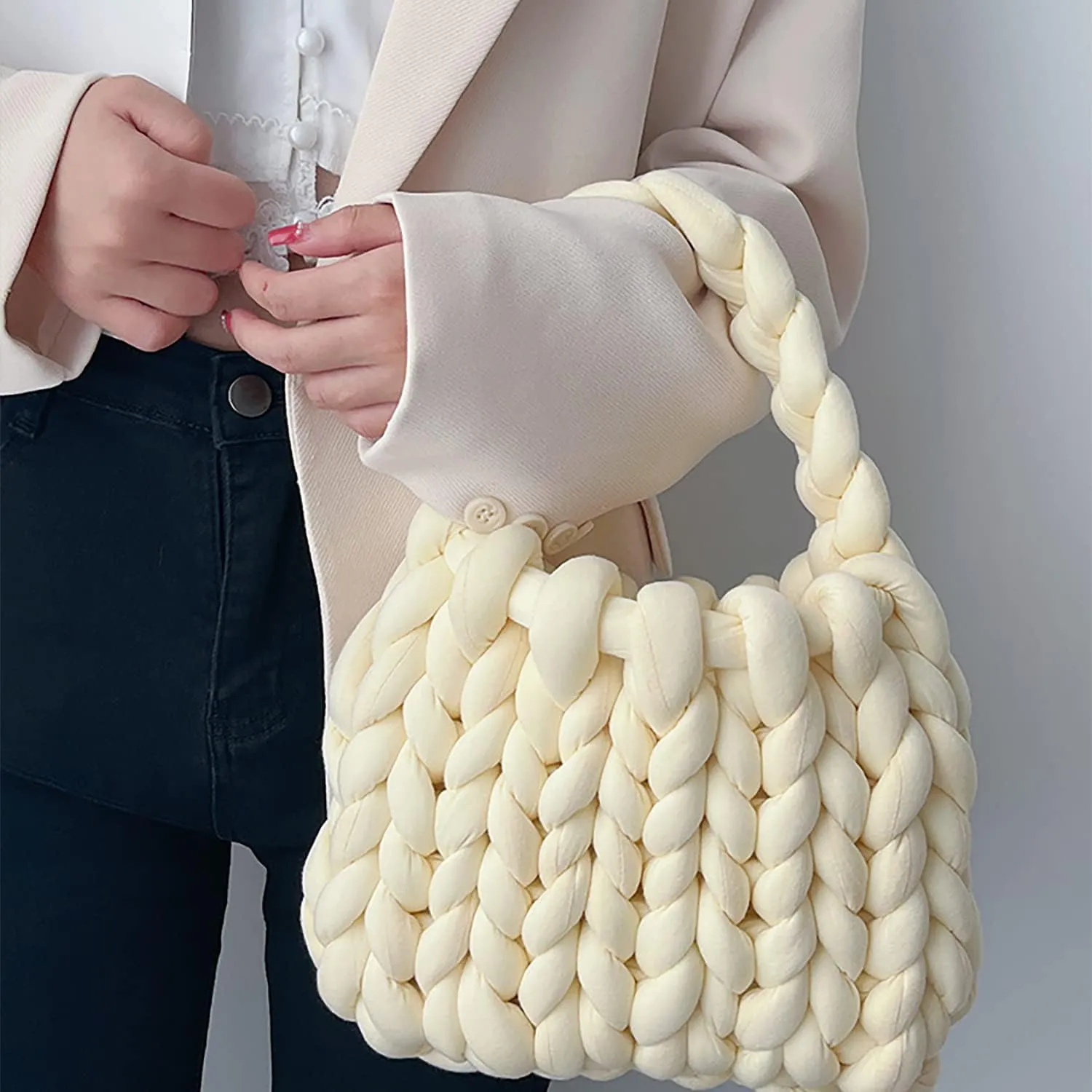 Thick Bulky Giant Wool Handwoven Handbag,Chunky Yarn Knit Shoulder Bag,Casual Soft Purse,Braided DIY Bucket Bag