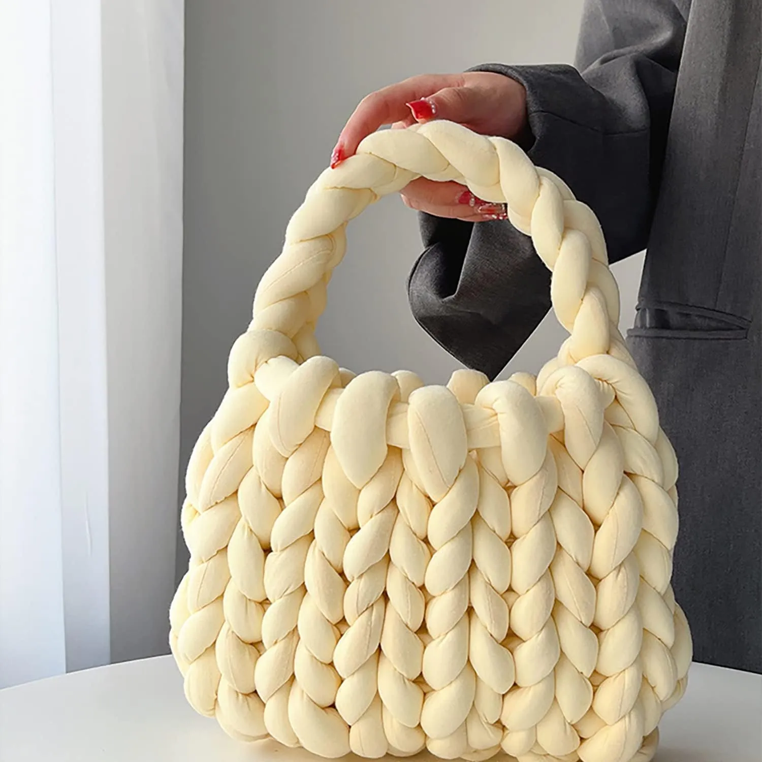 Thick Bulky Giant Wool Handwoven Handbag,Chunky Yarn Knit Shoulder Bag,Casual Soft Purse,Braided DIY Bucket Bag