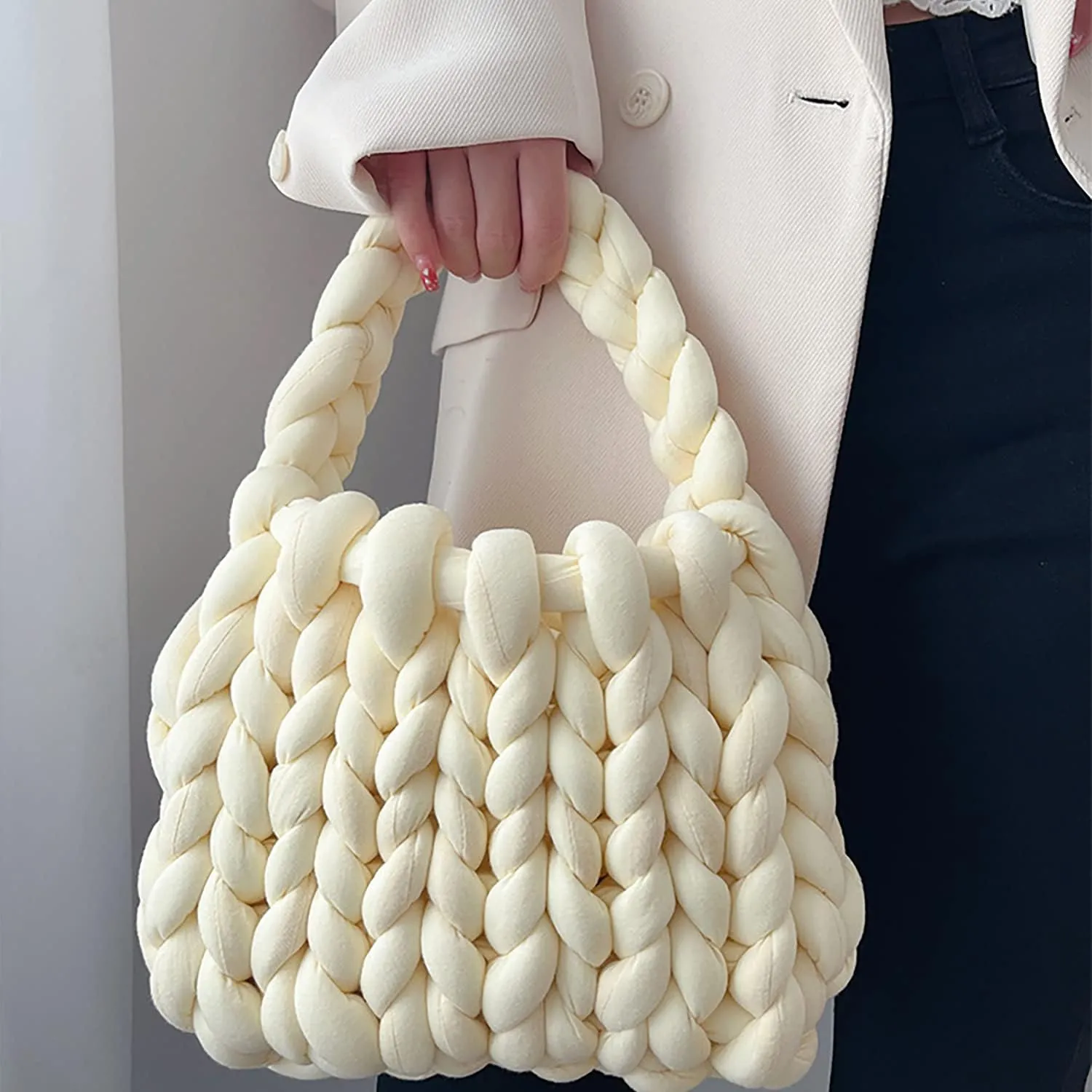Thick Bulky Giant Wool Handwoven Handbag,Chunky Yarn Knit Shoulder Bag,Casual Soft Purse,Braided DIY Bucket Bag