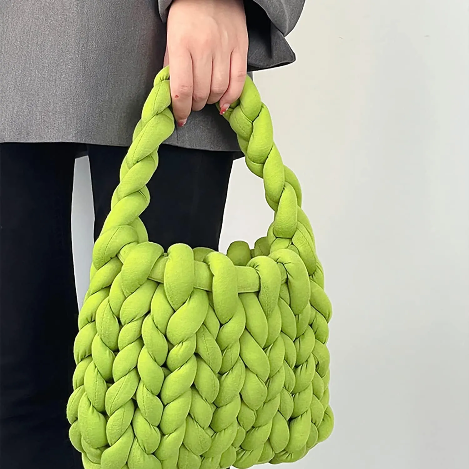 Thick Bulky Giant Wool Handwoven Handbag,Chunky Yarn Knit Shoulder Bag,Casual Soft Purse,Braided DIY Bucket Bag