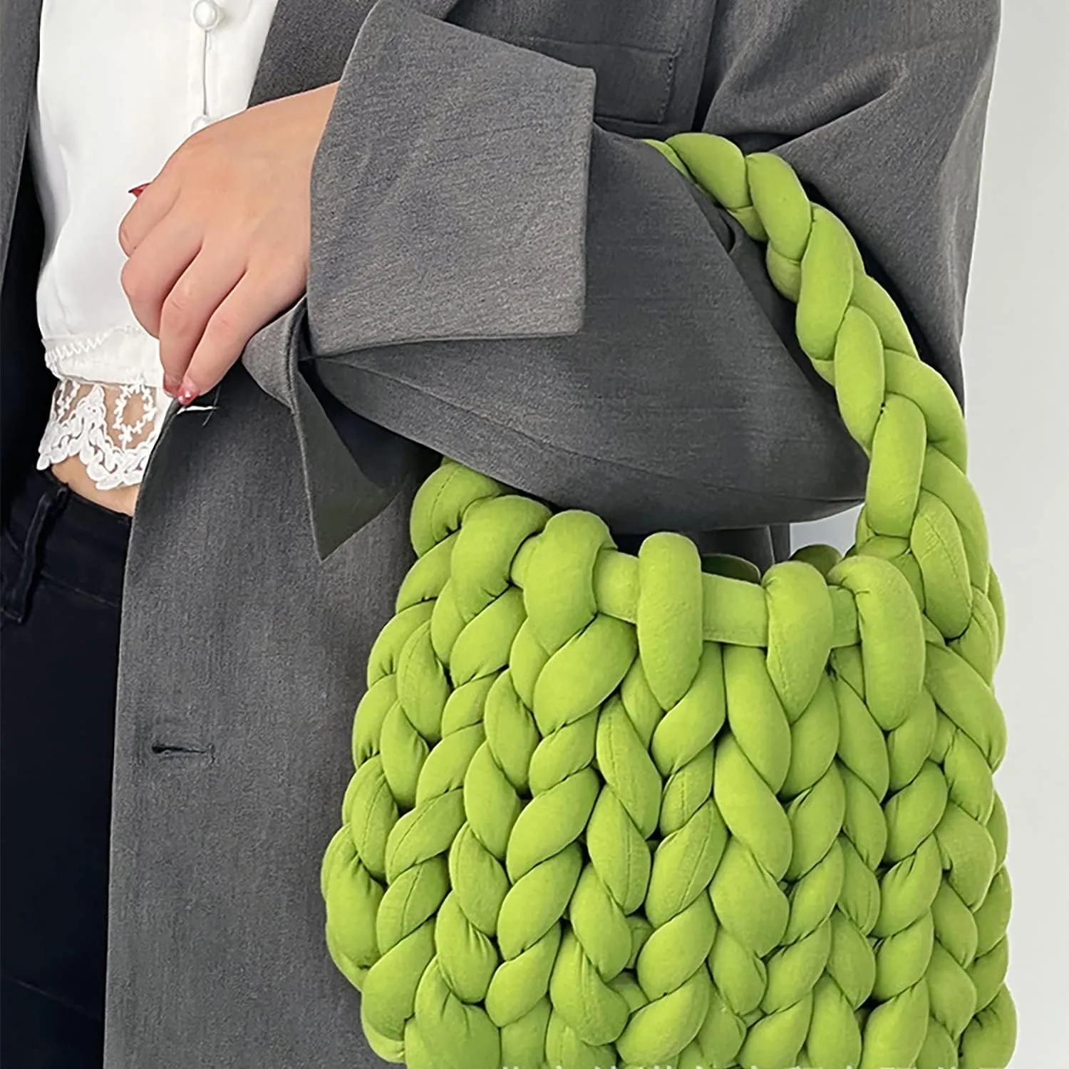 Thick Bulky Giant Wool Handwoven Handbag,Chunky Yarn Knit Shoulder Bag,Casual Soft Purse,Braided DIY Bucket Bag