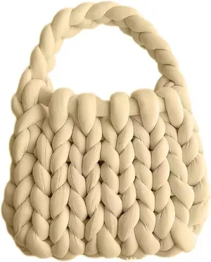 Thick Bulky Wool Handwoven Handbag,Chunky Yarn Knit Shoulder Bag,Casual Soft Purse,Braided DIY Bucket Bag/2197
