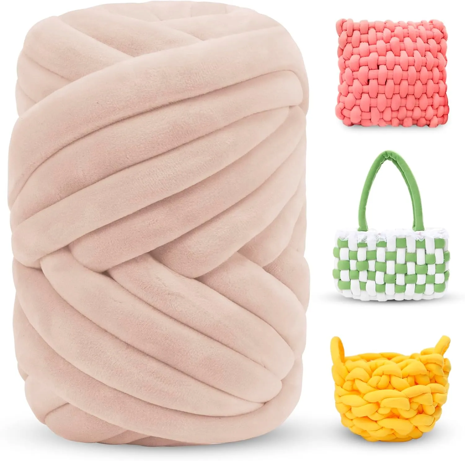 Thick Chunky Yarn for Arm Knitting Jumbo Tube Yarn Soft Chunky Knit Blanket Yarn, Velvet Yarn for Crocheting Handbags Hand Knitting Pet Bed Rugs Pillows Crafts (Beige, 1.1lbs)