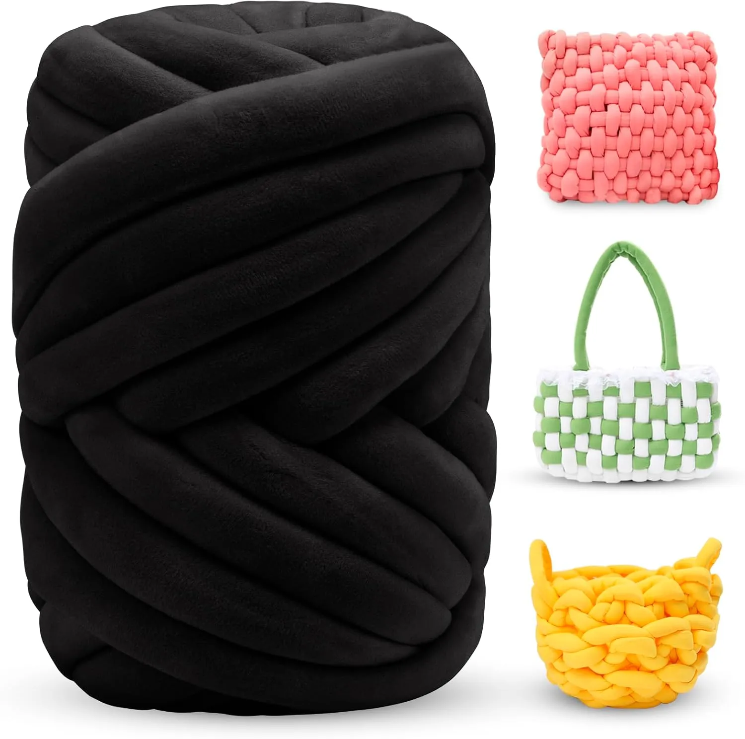 Thick Chunky Yarn for Arm Knitting Jumbo Tube Yarn Soft Chunky Knit Blanket Yarn, Velvet Yarn for Crocheting Handbags Hand Knitting Pet Bed Rugs Pillows Crafts (Black, 1.1lbs)