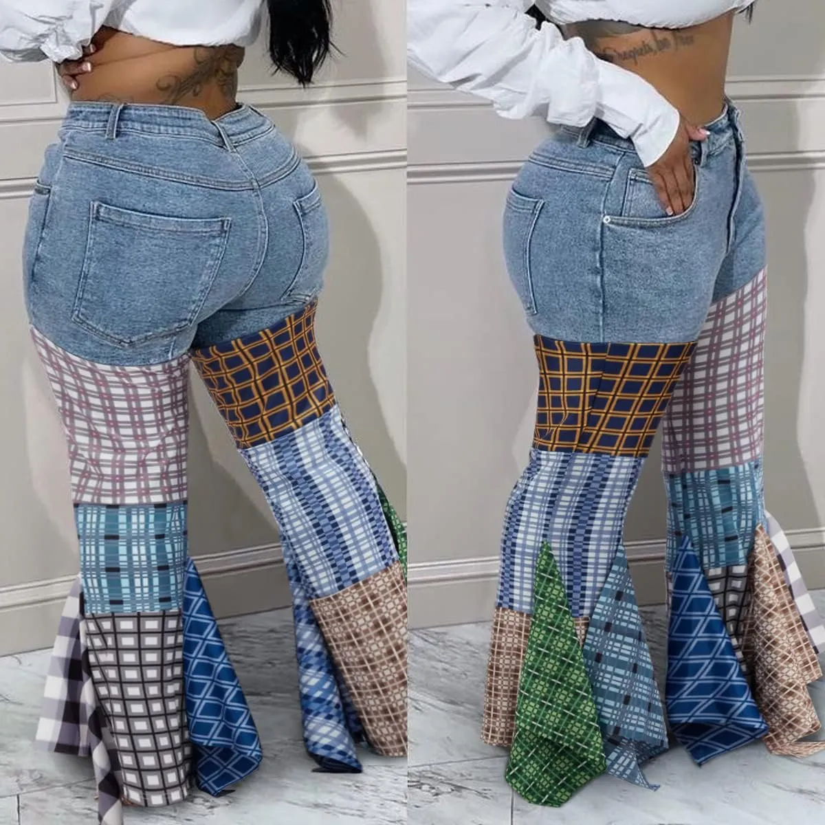 ThusFar Women High Waist Patchwork Flare Jeans Plaid Bell Bottom Ruffle Hem Denim Long Pants Trousers