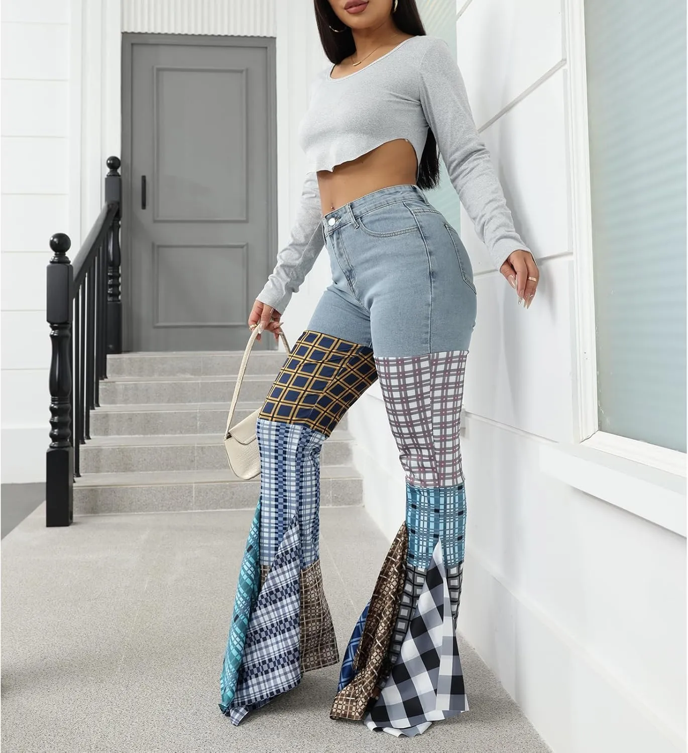 ThusFar Women High Waist Patchwork Flare Jeans Plaid Bell Bottom Ruffle Hem Denim Long Pants Trousers