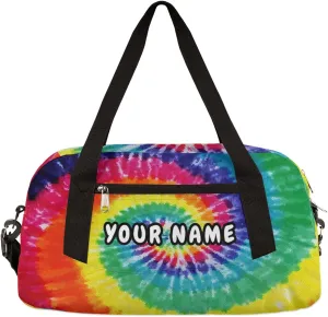 Tie Dye Rainbow Personalized Kids Duffel Bag for Girls Boys, Rainbow Customized Name Dance Bag Overnight Small Duffel Bag Carry On Weekend Sports Gym Travel Bag for School Practice Gymnastics Ballet