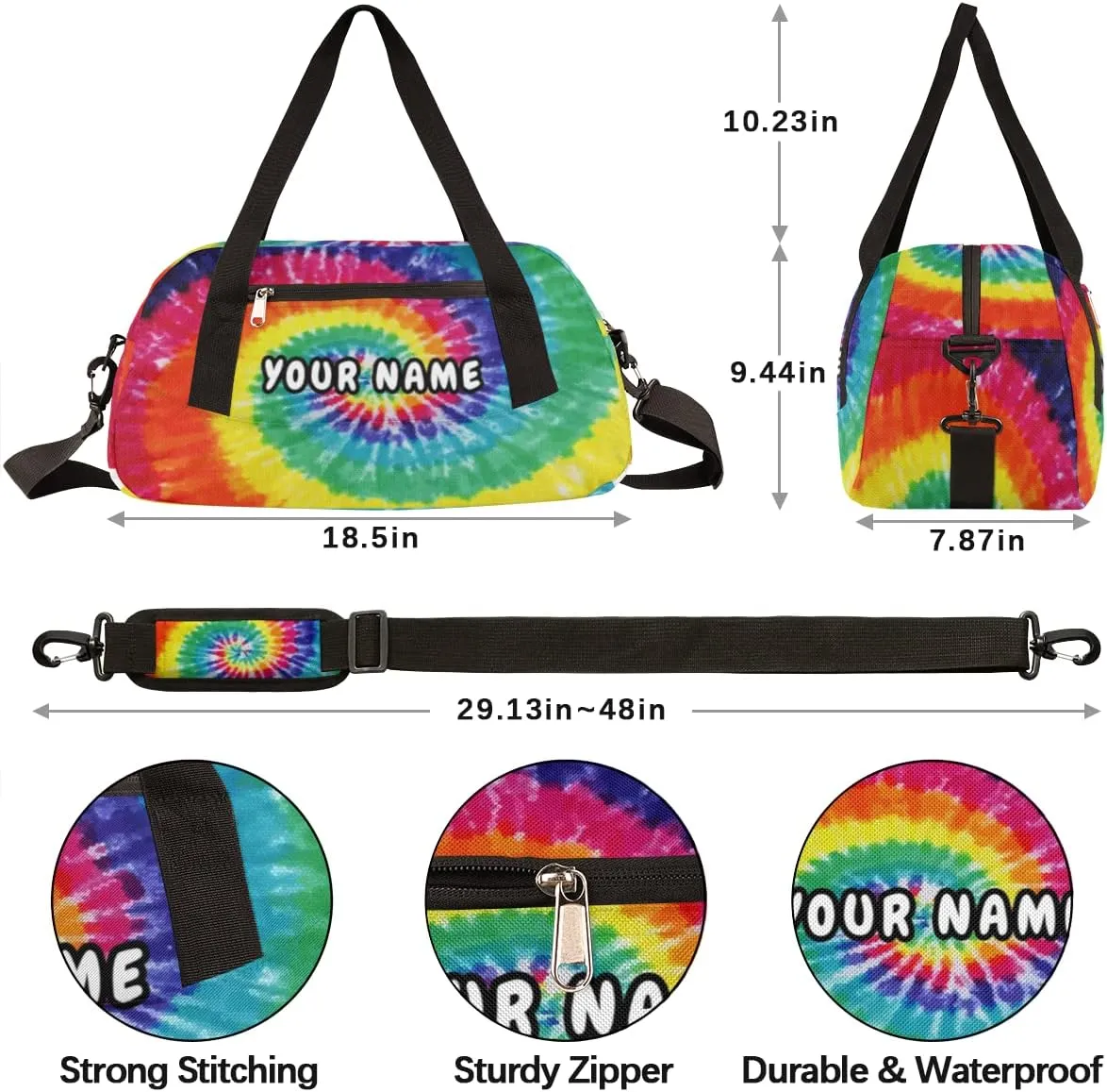 Tie Dye Rainbow Personalized Kids Duffel Bag for Girls Boys, Rainbow Customized Name Dance Bag Overnight Small Duffel Bag Carry On Weekend Sports Gym Travel Bag for School Practice Gymnastics Ballet