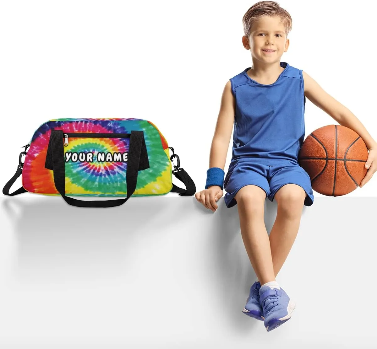 Tie Dye Rainbow Personalized Kids Duffel Bag for Girls Boys, Rainbow Customized Name Dance Bag Overnight Small Duffel Bag Carry On Weekend Sports Gym Travel Bag for School Practice Gymnastics Ballet