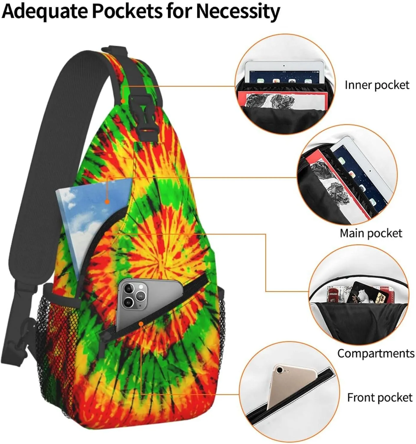 Tie Dye Swirl Rainbow Chest Bags Crossbody Sling Bag Shoulder Bag Travel Hiking Daypack For Men Women