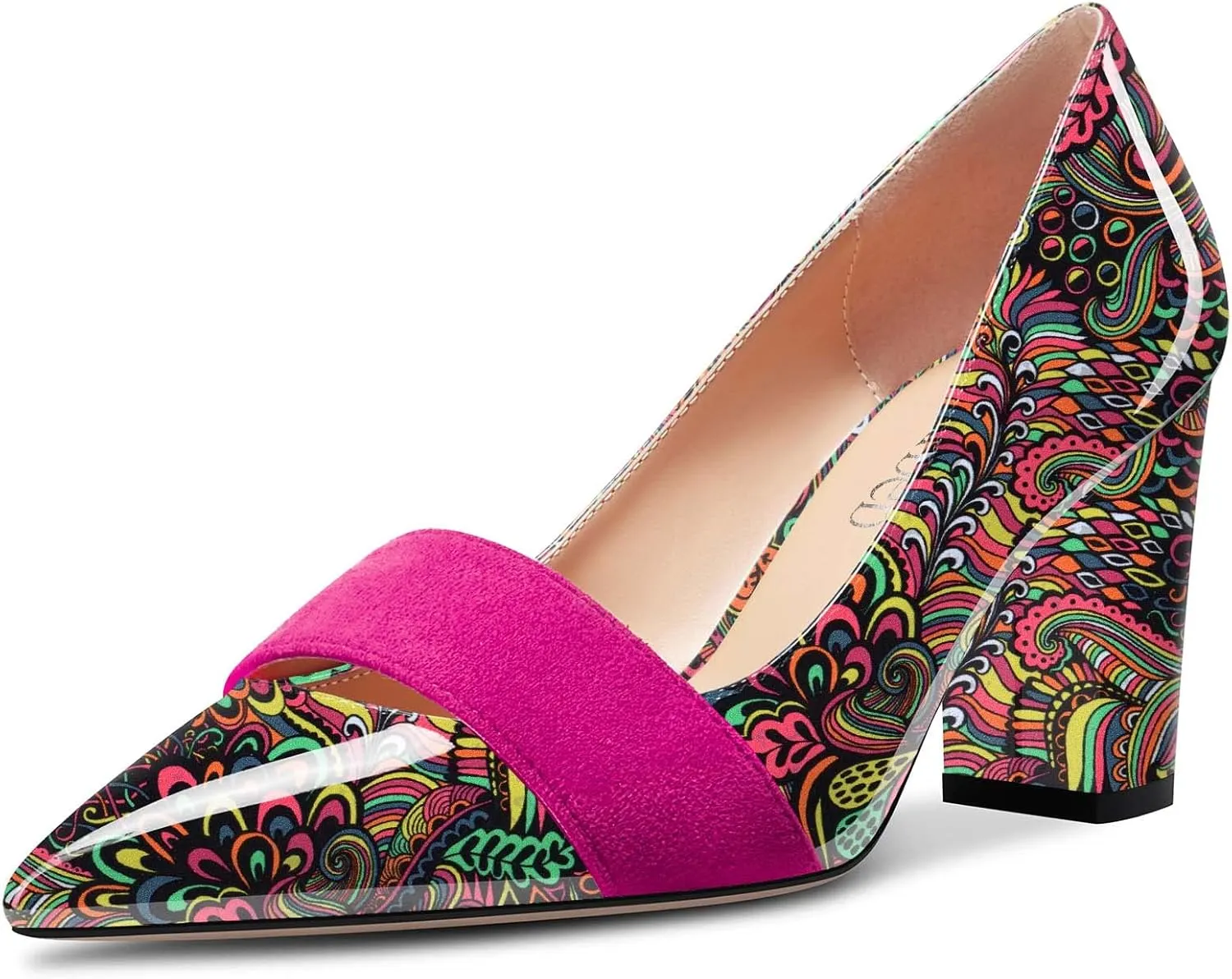 TNYNFBEB Women Chunky Block Mid Heel Close Pointed Toe Pumps Slip-on Patchwork Party Wedding Basic Classic 3.2 Inches Heels