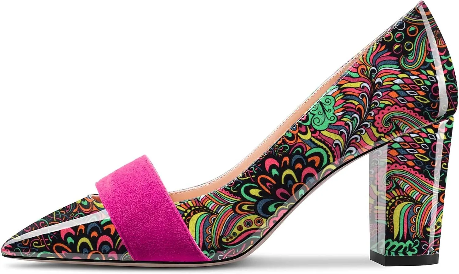 TNYNFBEB Women Chunky Block Mid Heel Close Pointed Toe Pumps Slip-on Patchwork Party Wedding Basic Classic 3.2 Inches Heels