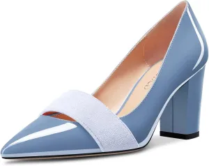 TNYNFBEB Women Chunky Block Mid Heel Close Pointed Toe Pumps Slip-on Patchwork Party Wedding Basic Classic 3.2 Inches Heels