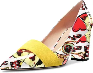 TNYNFBEB Women Chunky Block Mid Heel Close Pointed Toe Pumps Slip-on Patchwork Party Wedding Basic Classic 3.2 Inches Heels