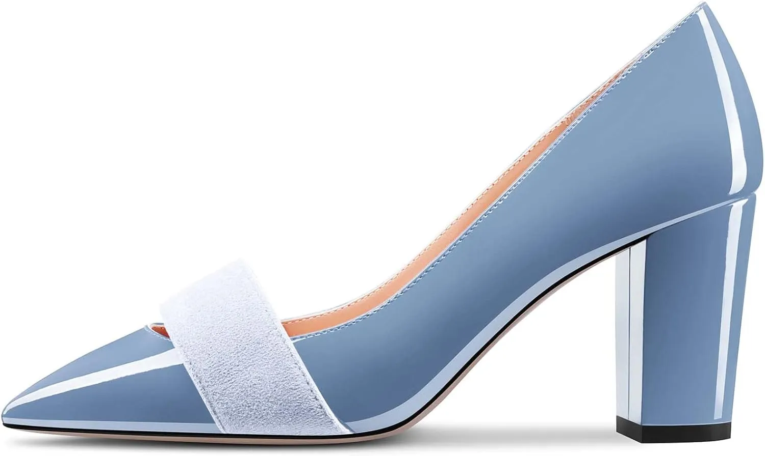 TNYNFBEB Women Chunky Block Mid Heel Close Pointed Toe Pumps Slip-on Patchwork Party Wedding Basic Classic 3.2 Inches Heels