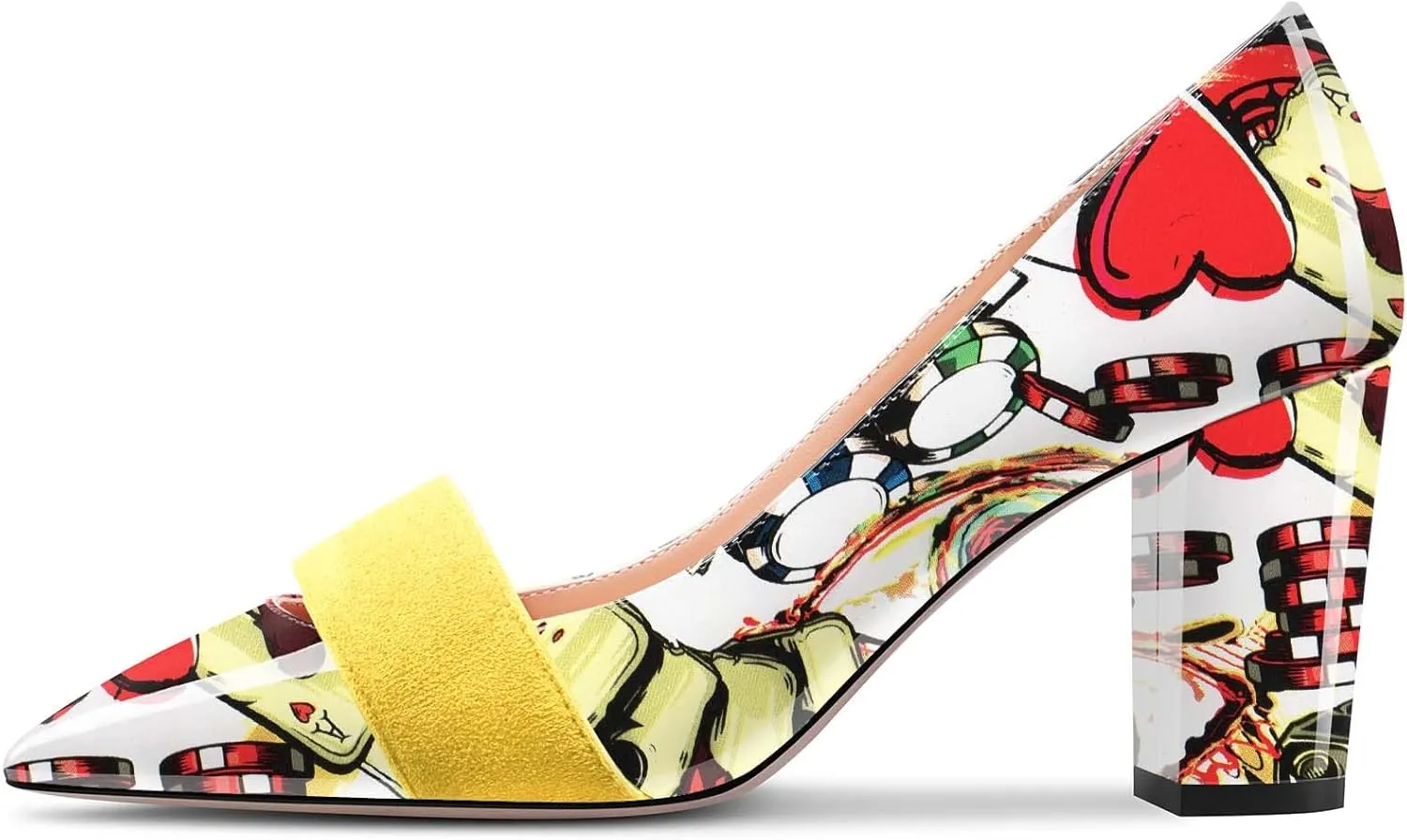 TNYNFBEB Women Chunky Block Mid Heel Close Pointed Toe Pumps Slip-on Patchwork Party Wedding Basic Classic 3.2 Inches Heels