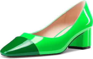 TNYNFBEB Women Chunky Block Mid Heel Close Square Toe Pumps Slip-on Patchwork Wedding Party Basic Classic 2.0 Inches Heels
