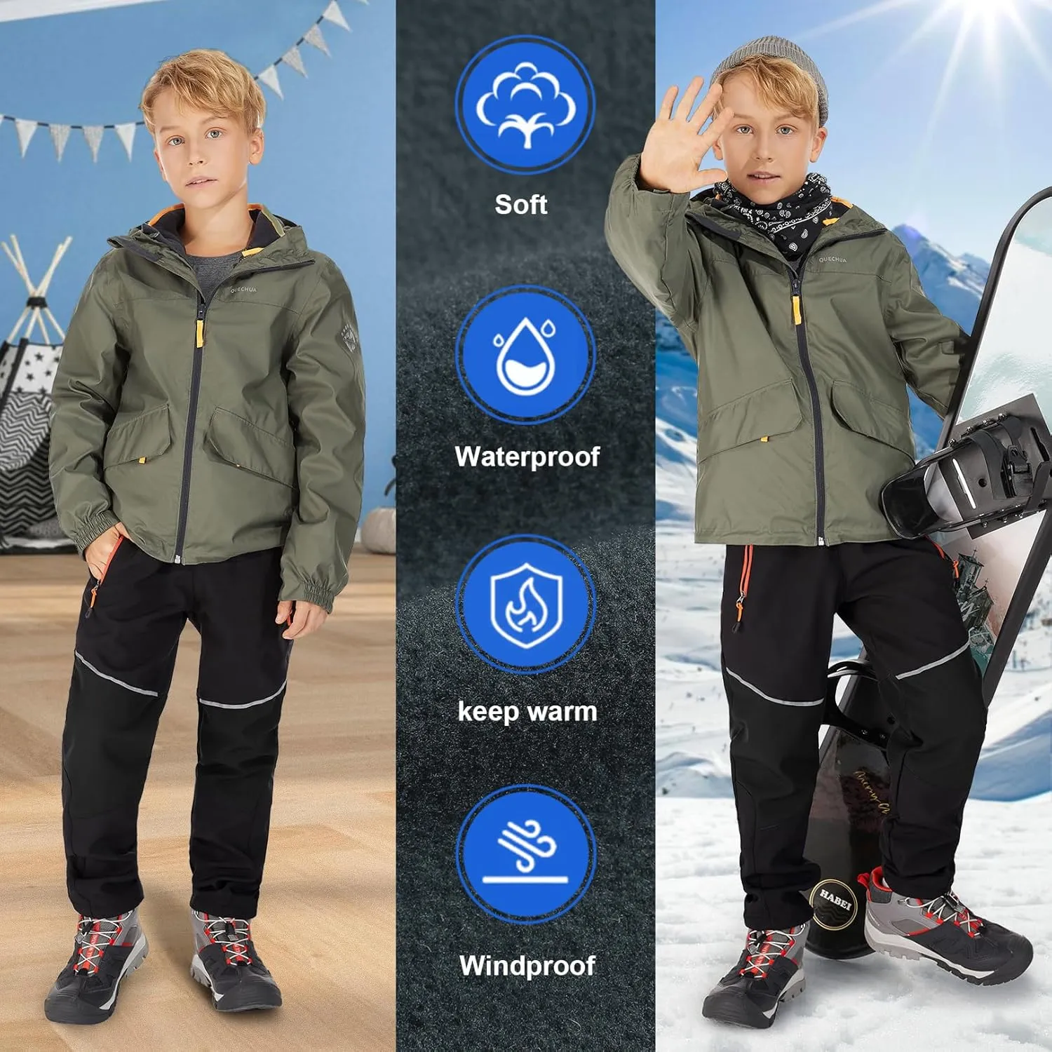 Toomett Boys snow cargo pants, Girls Kids Outdoor Fleece-Lined Soft Shell Hiking Fishing ski Insulated Pants