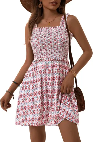 TORARY Sundresses for Women Smocked Square Neck Flowy Summer Easter Dresses with Pockets