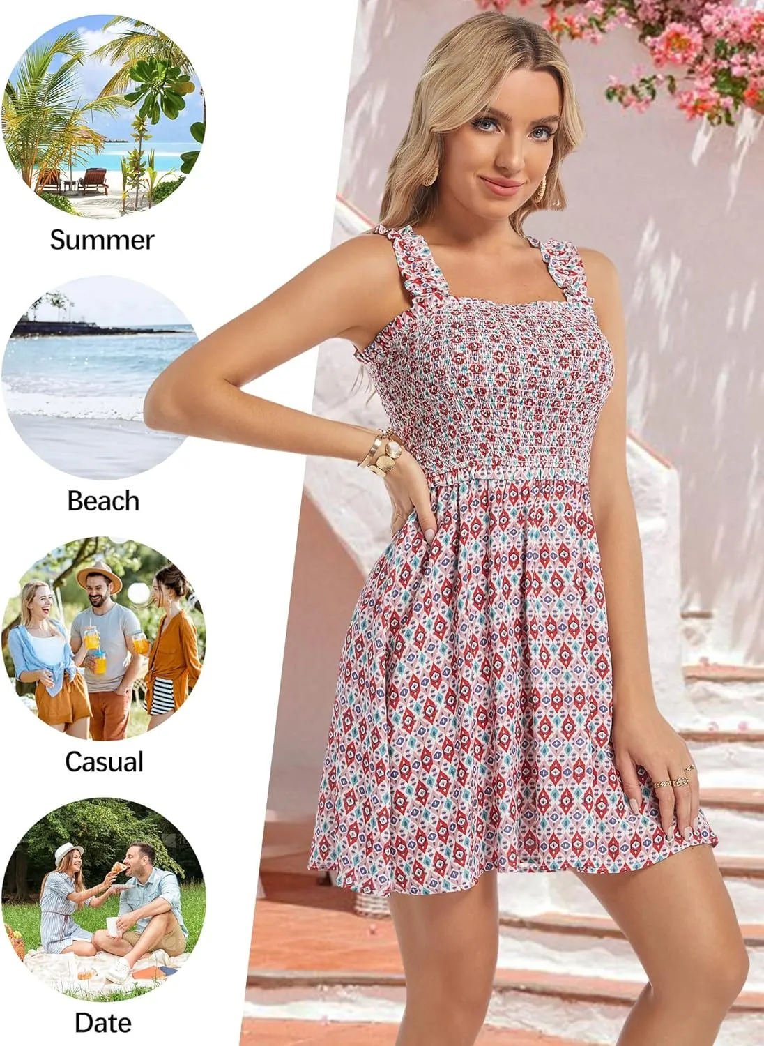TORARY Sundresses for Women Smocked Square Neck Flowy Summer Easter Dresses with Pockets