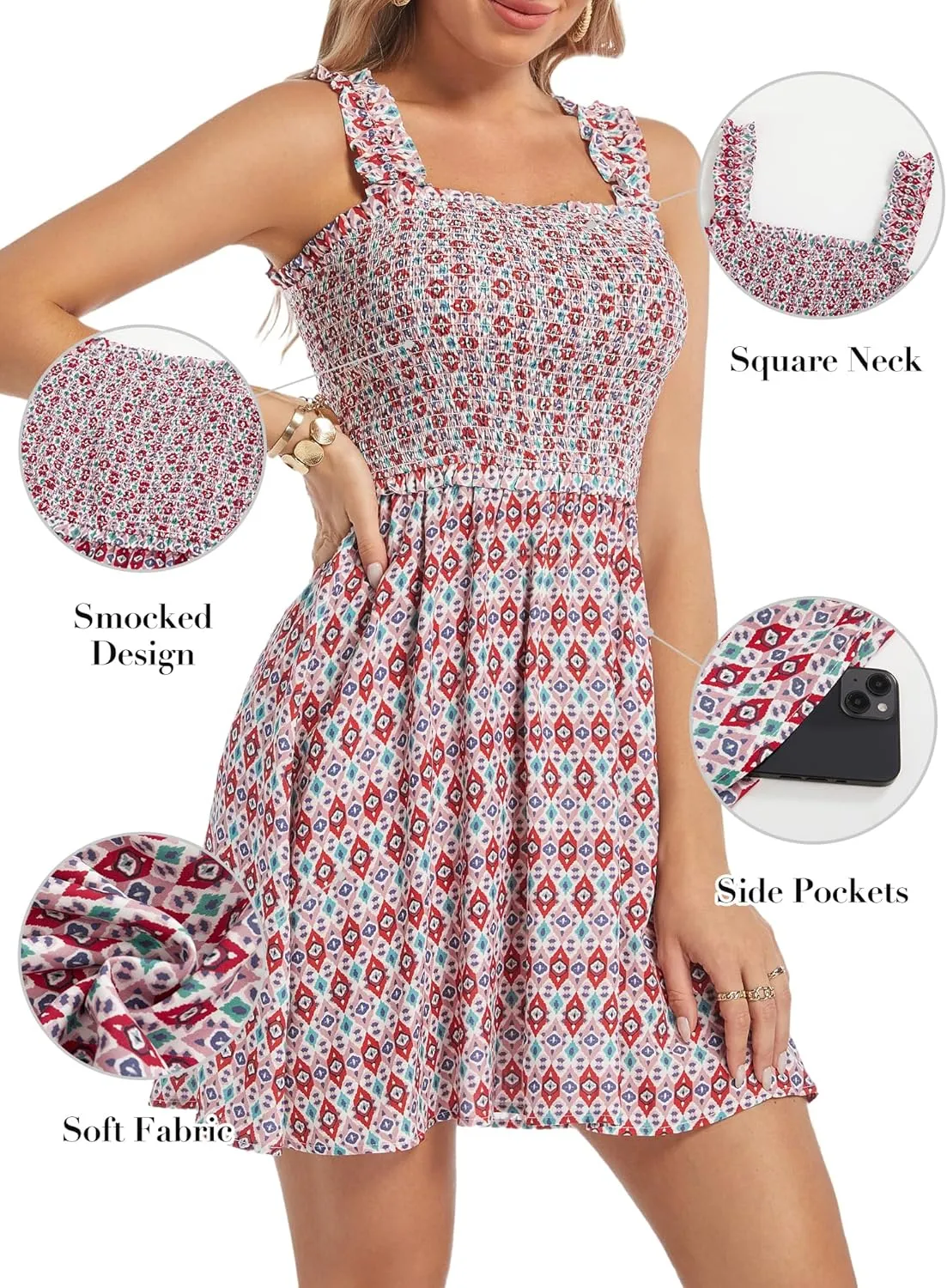 TORARY Sundresses for Women Smocked Square Neck Flowy Summer Easter Dresses with Pockets