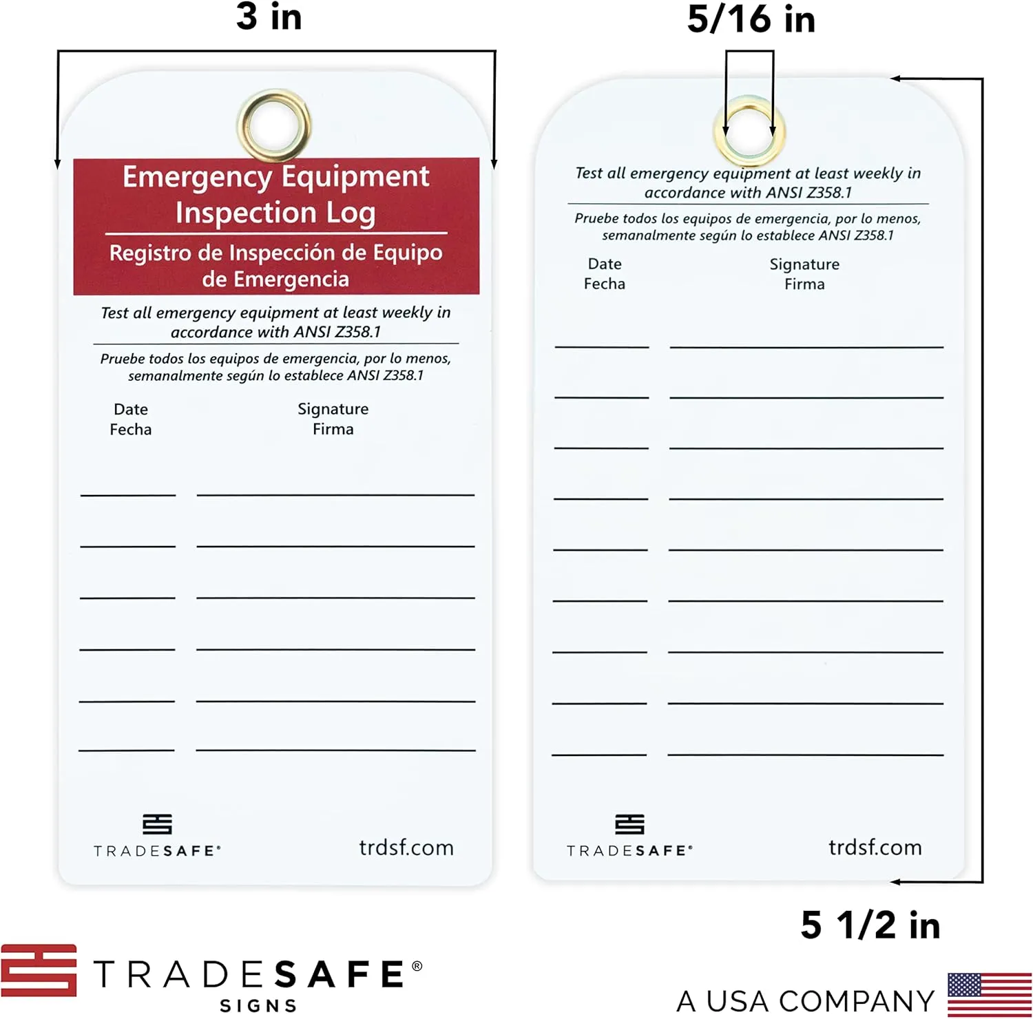 TRADESAFE Bilingual Emergency Equipment Inspection Log, Inspección de Equipo de Emergencia - 30 Eye Wash Station Inspection Tags with 30 Zip Ties, Durable 32 mil Vinyl Safety Inspection Tags
