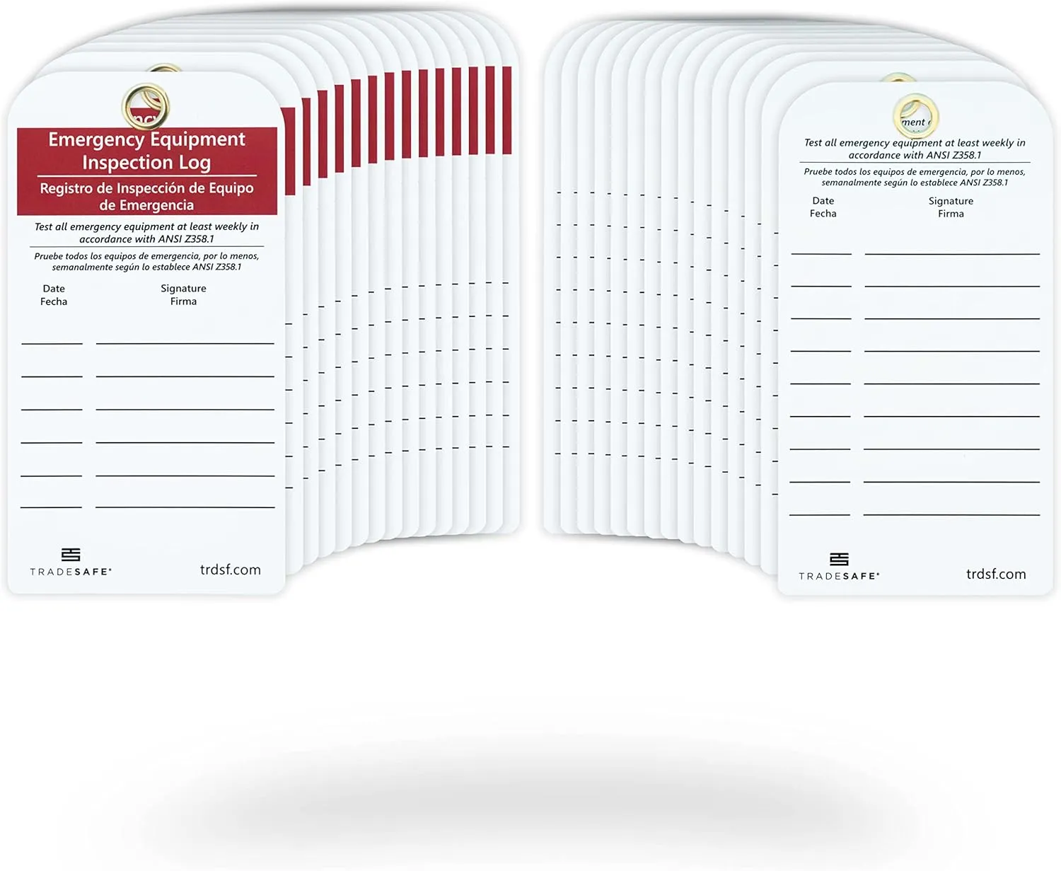 TRADESAFE Bilingual Emergency Equipment Inspection Log, Inspección de Equipo de Emergencia - 30 Eye Wash Station Inspection Tags with 30 Zip Ties, Durable 32 mil Vinyl Safety Inspection Tags
