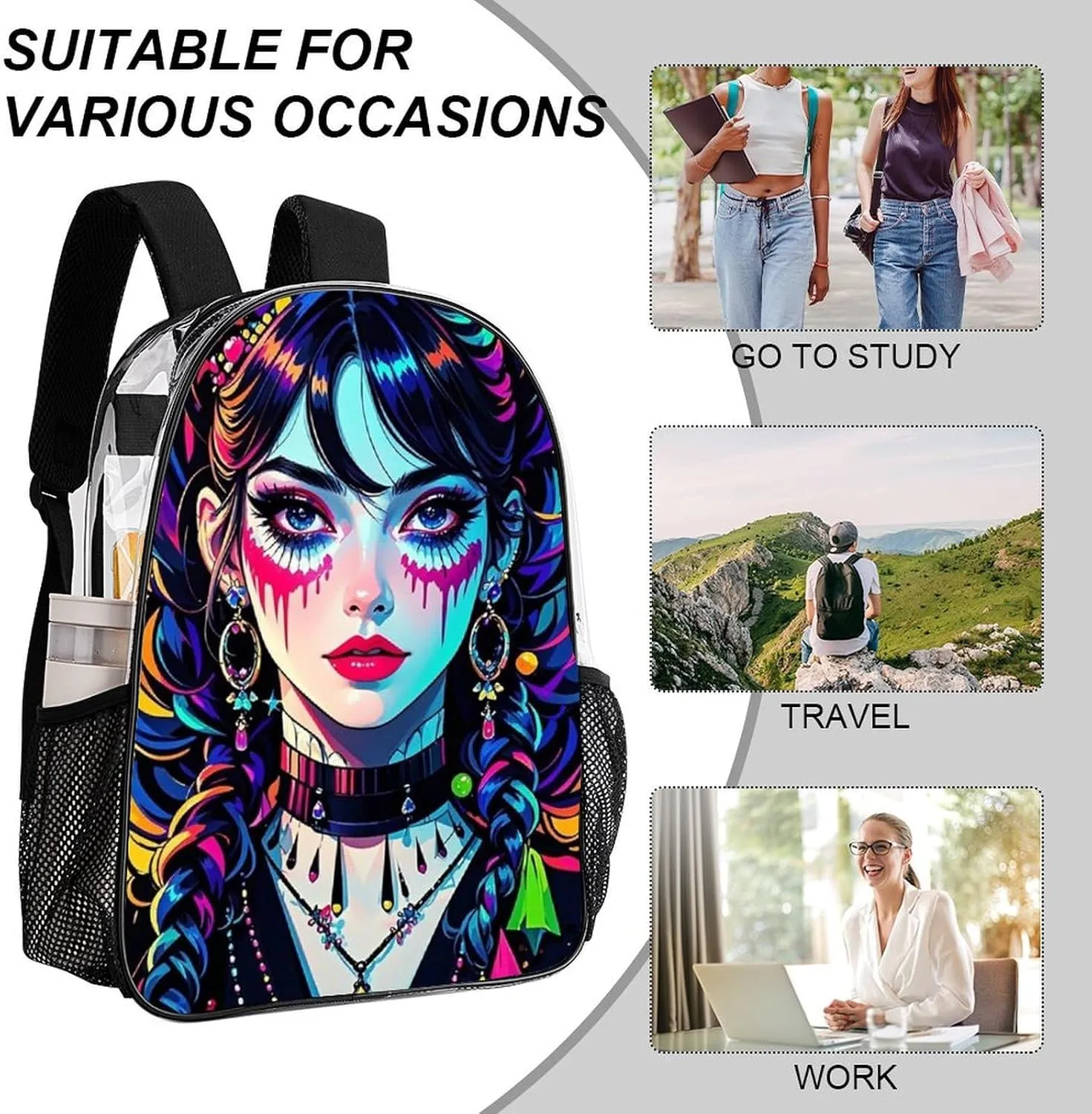 Transparent Daypack for Camping Travel Walking Cycling - Big Capacity Anti-Theft Multipurpose Bookbag, Beautiful Women Gothic Women Neon Art Camping Outdoor Backpack