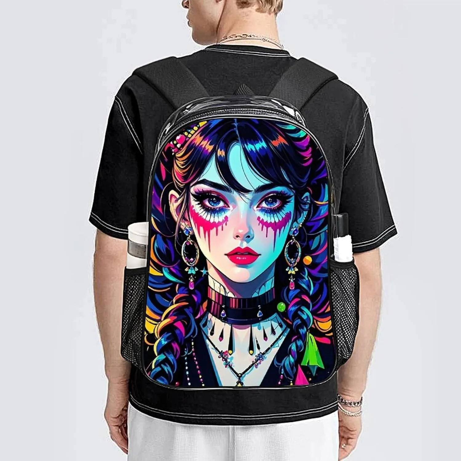 Transparent Daypack for Camping Travel Walking Cycling - Big Capacity Anti-Theft Multipurpose Bookbag, Beautiful Women Gothic Women Neon Art Camping Outdoor Backpack