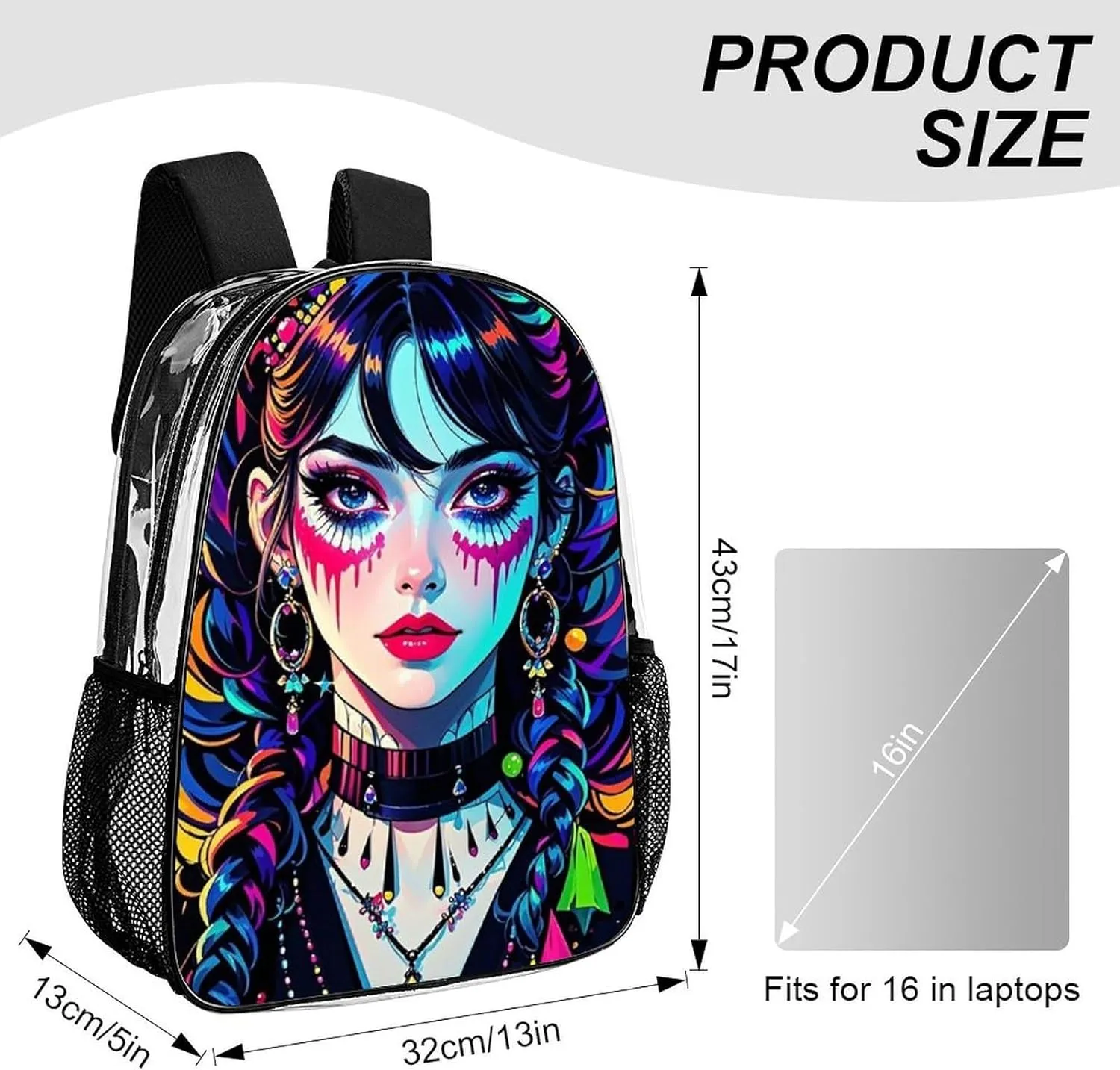 Transparent Daypack for Camping Travel Walking Cycling - Big Capacity Anti-Theft Multipurpose Bookbag, Beautiful Women Gothic Women Neon Art Camping Outdoor Backpack