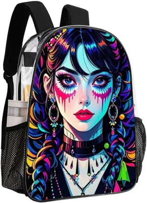 Transparent Daypack for Camping Travel Walking Cycling - Big Capacity Anti-Theft Multipurpose Bookbag, Beautiful Women Gothic Women Neon Art Camping Outdoor Backpack