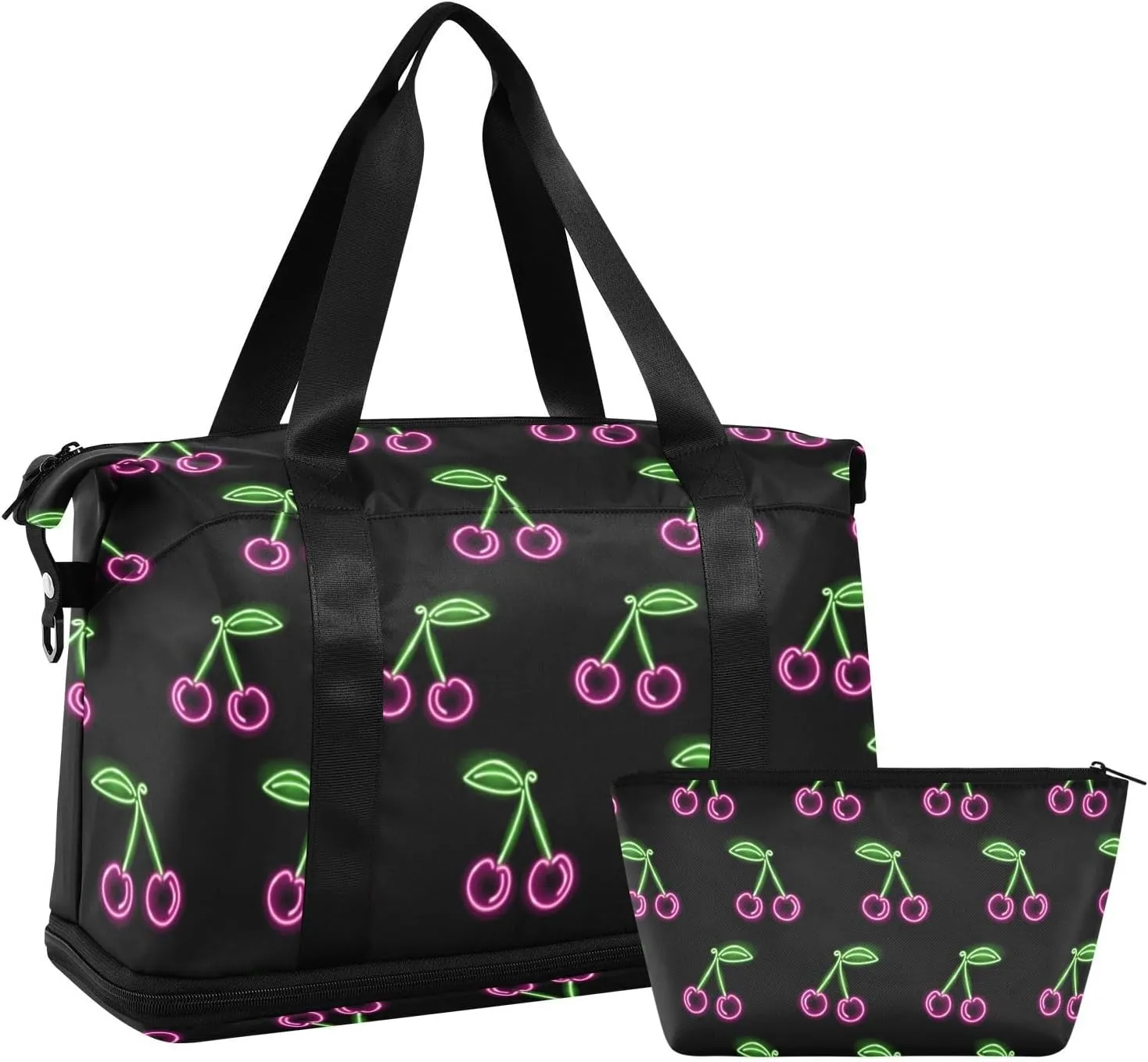 Travel Duffel Bag for Women Men Neon Cherry Berries Weekender Overnight Bags with Shoe Compartments Gym Duffel Bag with Toiletry Bag for Travel Sport Yoga 17 Inch
