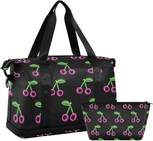 Travel Duffel Bag for Women Men Neon Cherry Berries Weekender Overnight Bags with Shoe Compartments Gym Duffel Bag with Toiletry Bag for Travel Sport Yoga 17 Inch