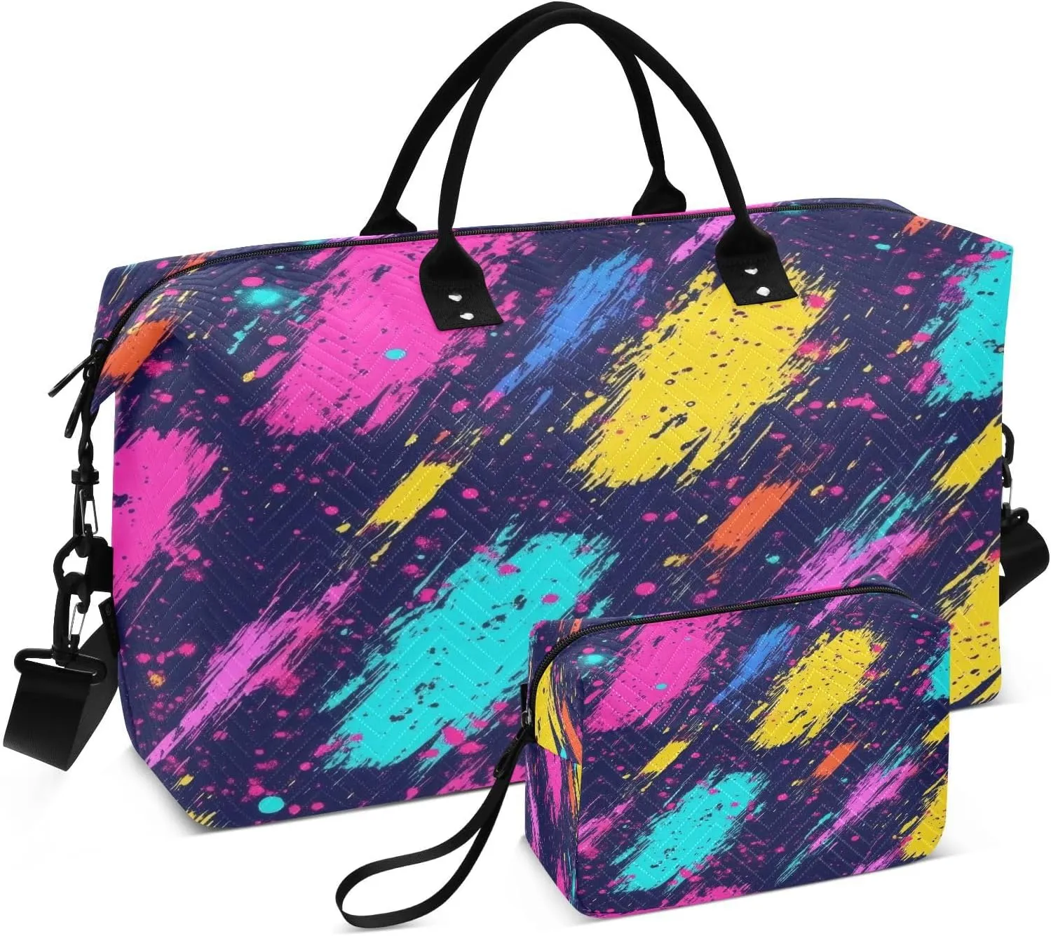 Travel Duffel Bag Large Weekender Overnight Bags for Women Men, Colorful Neon Pattern Gym Bag with Toiletry Bag