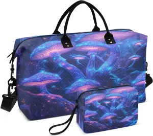 Travel Duffel Bag Large Weekender Overnight Bags for Women Men, Neon Mushrooms Gym Bag with Toiletry Bag